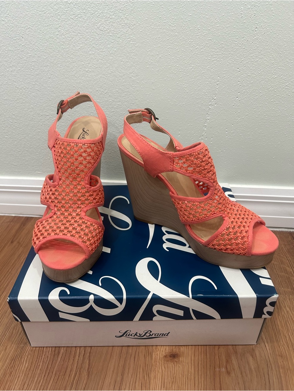 Lucky Brand Coral Crochet Wedge Sandals